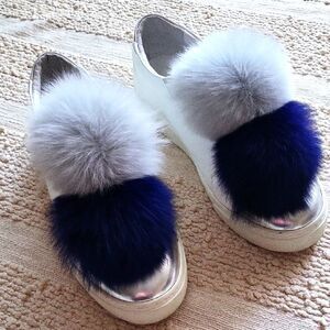 Women's White and Silver Slip-On Shoes with Blue and Gray Pom Poms. Size 7,5
